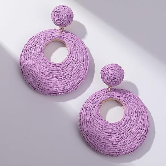 Lavender Rattan Earrings Chunky Wicker Raffia Dangle Hoop Beachy Vacation New - Picture 4 of 9